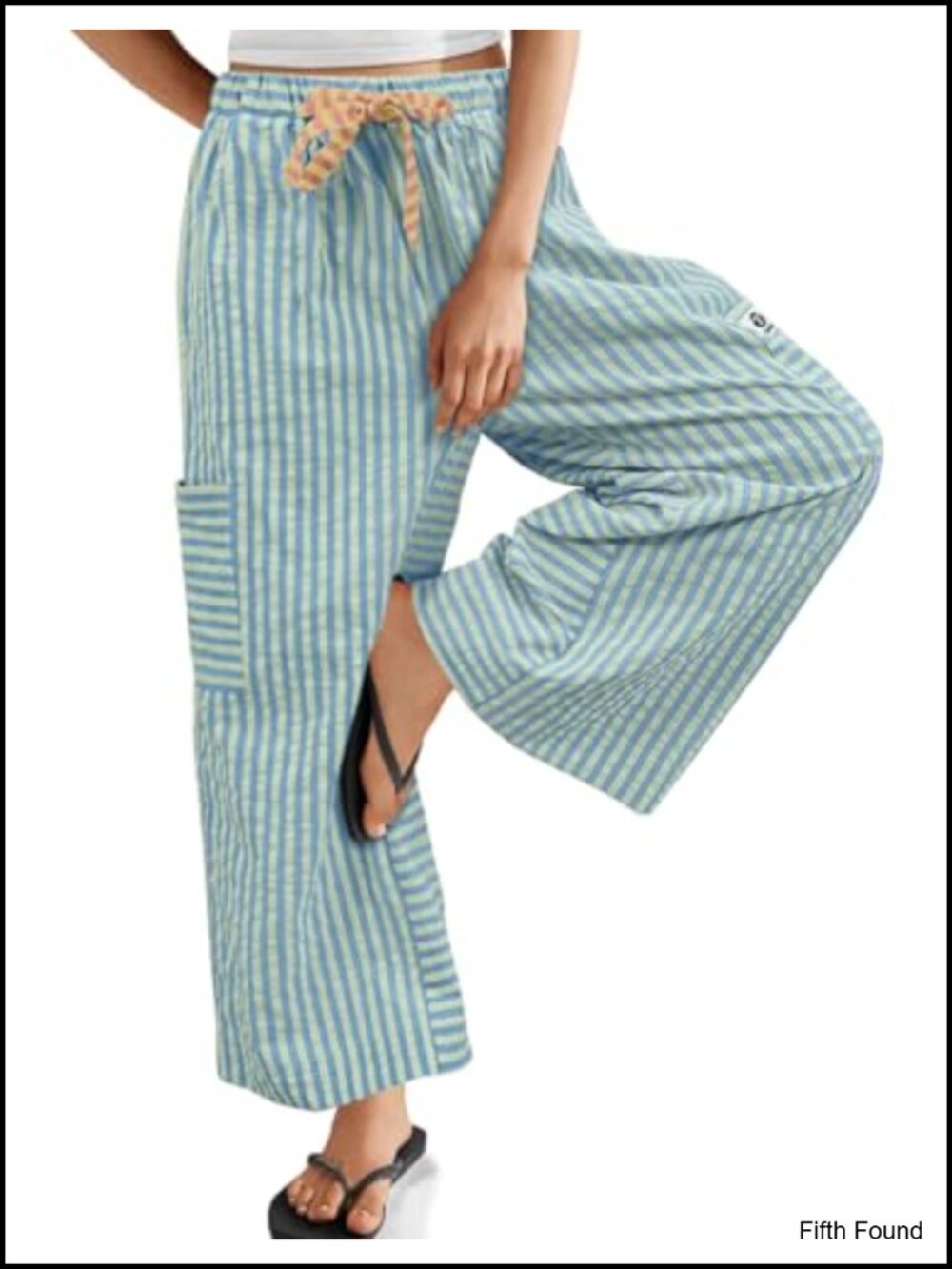 Cotton Blend Wide Leg Palazzo Pants Drawstring Waist Boho Striped Trousers